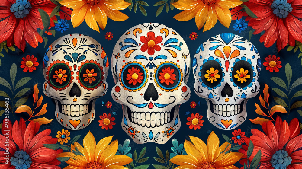 Festive Dia De Muertos pattern background with flowers Festive Dia De Muertos pattern background with flowers