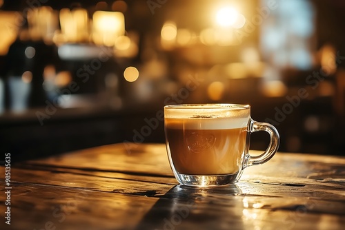 Warm Latte in Glass Mug on Wooden Table in Coffee Shop