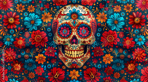 Festive Dia De Muertos pattern background with flowers