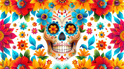 Festive Dia De Muertos pattern background with flowers