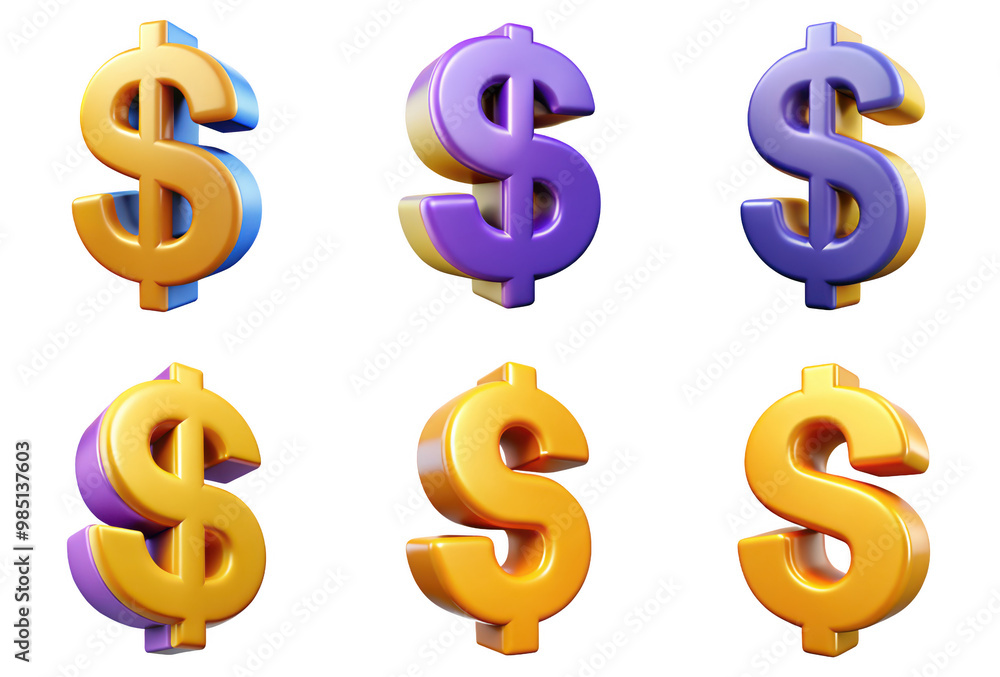 PNG dollar sign 3d collection, in cartoon style minimal on transparent, white background, isolate PNG dollar sign 3d collection, in cartoon style minimal on transparent, white background, isolate