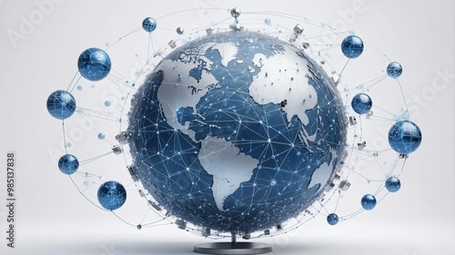A blue and silver digital globe on a white background, surrounded by many small cube icons representing global network connections
