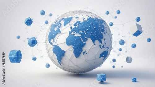 A blue and silver digital globe on a white background, surrounded by many small cube icons representing global network connections