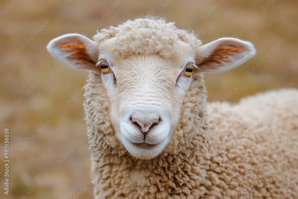 Close up portrait of a fluffy white sheep with brown ears looking directly at camera Close up portrait of a fluffy white sheep with brown ears looking directly at camera