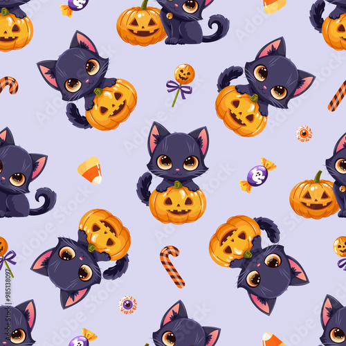 Cute Halloween seamless pattern with adorable black cats playing with pumpkin jack-o-lanterns, candies and spooky treats