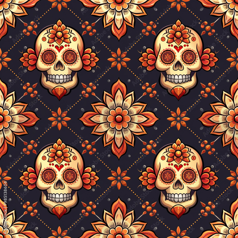 Festive Dia De Muertos pattern background with flowers Festive Dia De Muertos pattern background with flowers