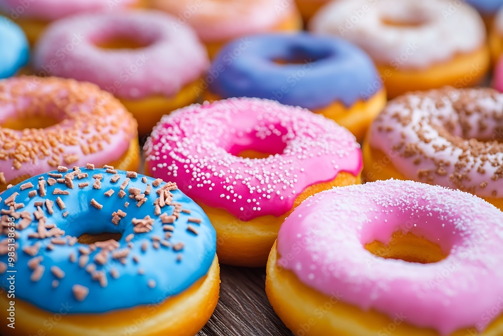 Colorful Donuts with Sprinkles on Wooden Table Colorful Donuts with Sprinkles on Wooden Table