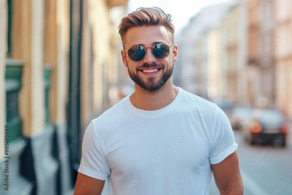 Stylish hipster model in white T shirt poses outdoors. Stylish hipster model in white T shirt poses outdoors.