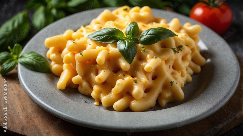 Golden Macaroni and Cheese with Fresh Herbs in Black Baking Dish Golden Macaroni and Cheese with Fresh Herbs in Black Baking Dish