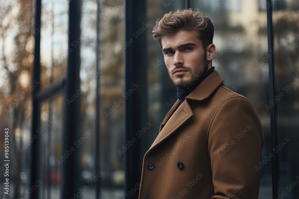 Naklejka premium Portrait of young handsome stylish man in elegant coat. Outdoor fashion portrait.