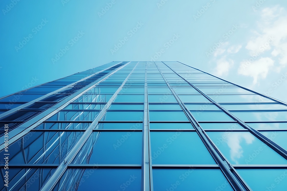 Glass facade of modern skyscraper reaching up into the sky Glass facade of modern skyscraper reaching up into the sky