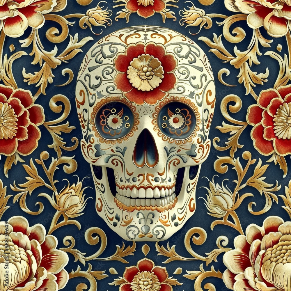 Festive Dia De Muertos pattern background with flowers Festive Dia De Muertos pattern background with flowers
