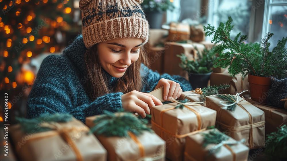 woman preparing and wrapping sustainable gifts with eco friendly materials during the christmas season, surrounded by green plants and a warm atmosphere