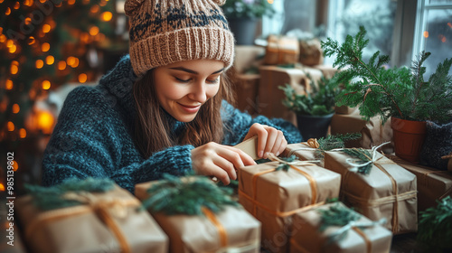 Obraz na płótnie woman preparing and wrapping sustainable gifts with eco friendly materials during the christmas season, surrounded by green plants and a warm atmosphere w salonie