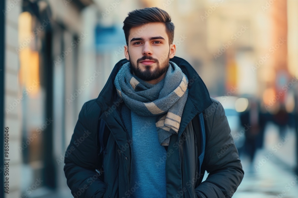 Stylish young man in winter attire on street. Stylish young man in winter attire on street.
