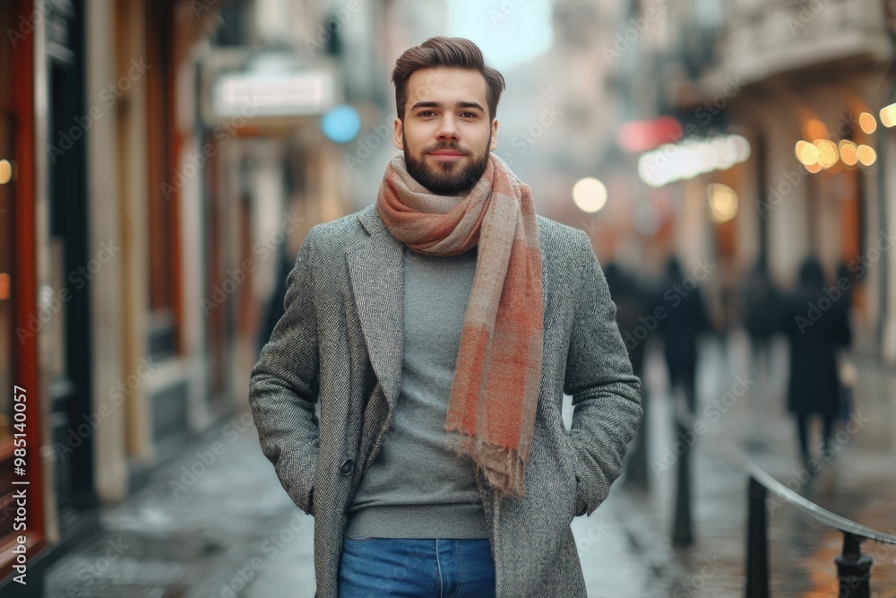 Stylish young man in winter attire on street. Stylish young man in winter attire on street.