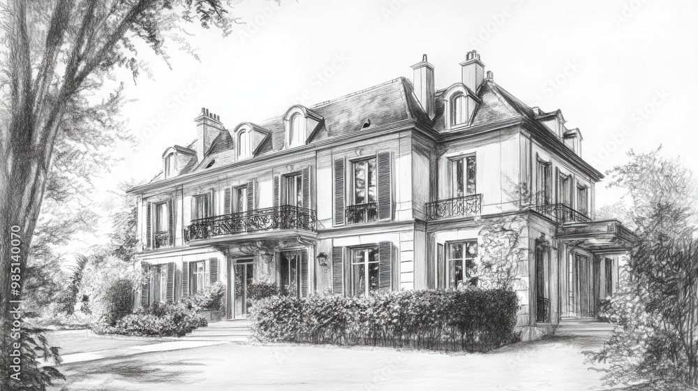 A detailed pencil drawing of a large, traditional European home with a long driveway and trees in the foreground. A detailed pencil drawing of a large, traditional European home with a long driveway and trees in the foreground.