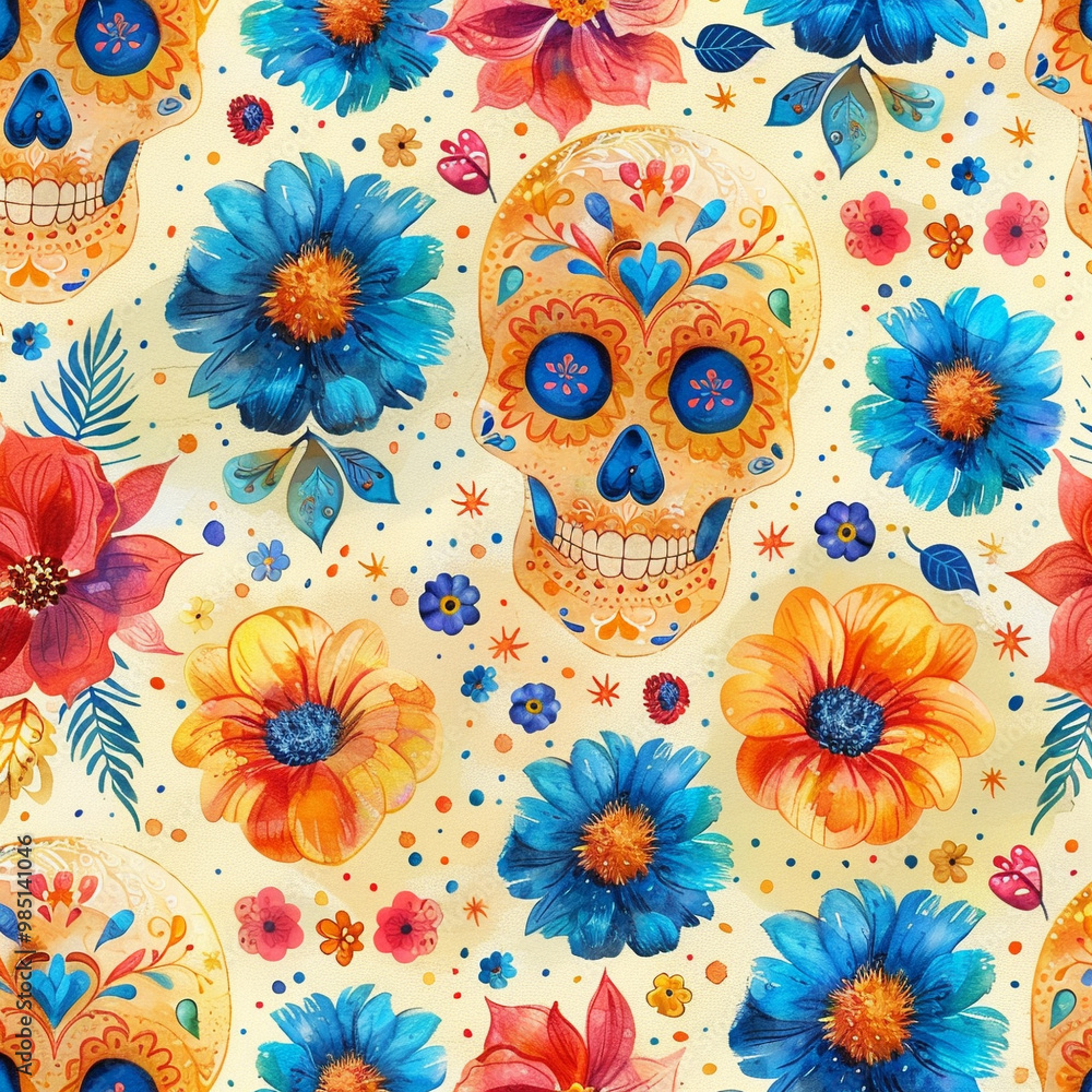 Festive Dia De Muertos pattern background with flowers Festive Dia De Muertos pattern background with flowers