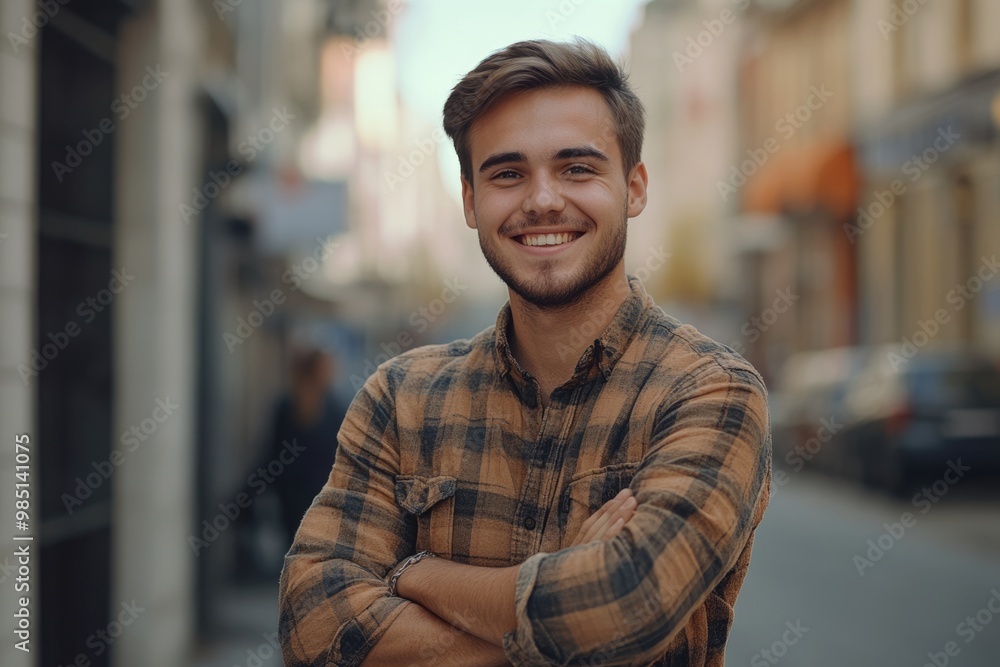 Obraz premium Happy young man with folded arms in city portrait.