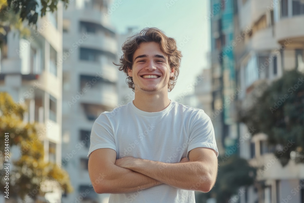 Happy young man with folded arms in city portrait. Happy young man with folded arms in city portrait.