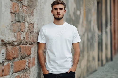 Fashionable man in blank t shirt against street wall pose.