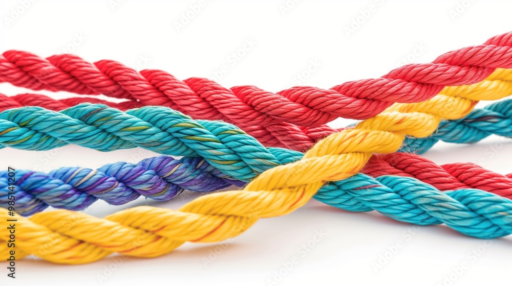 Braided ropes of different colors, isolated on white background. Unity concept strong company, diverse group, collective bonding. Colorful strings forming sturdy cord representing trust, teamwork, Braided ropes of different colors, isolated on white background. Unity concept strong company, diverse group, collective bonding. Colorful strings forming sturdy cord representing trust, teamwork,