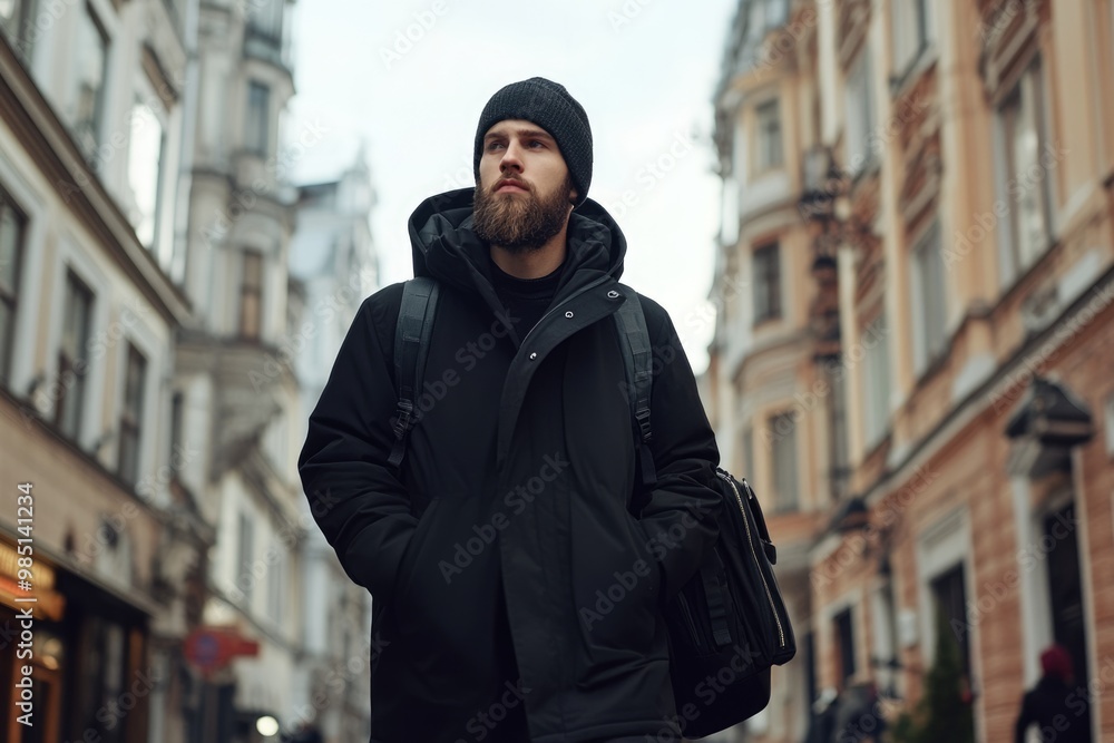 Modern young bearded man in black style clothes is walking at street. Modern young bearded man in black style clothes is walking at street.