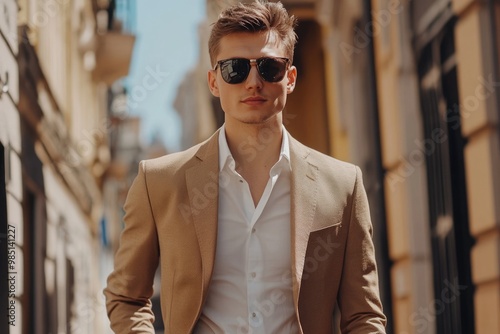 Stylish businessman in suit and sunglasses on city street.