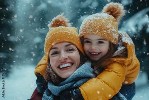 Happy family on winter trip smiling and bonding outdoors.