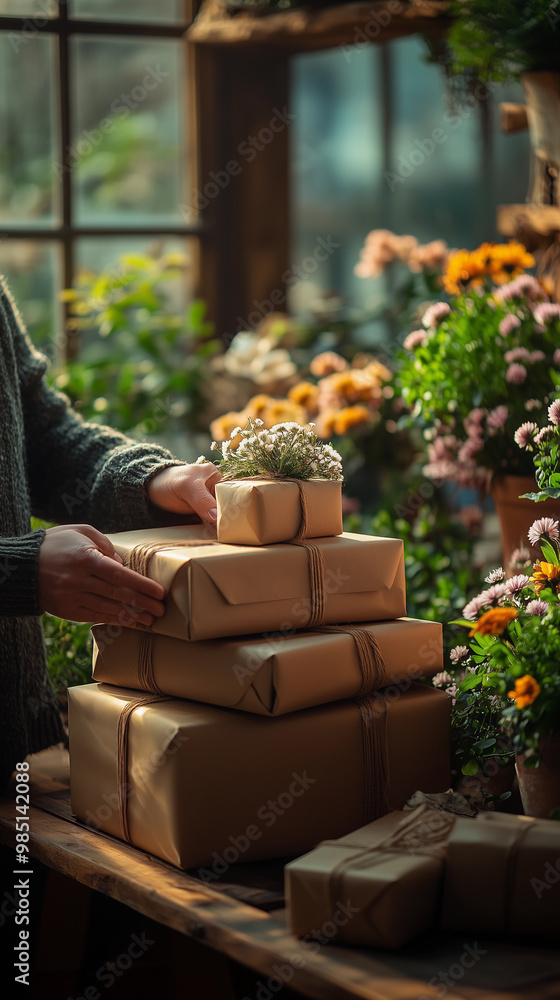 woman preparing and wrapping sustainable gifts with eco friendly materials during the christmas season, surrounded by green plants and a warm atmosphere