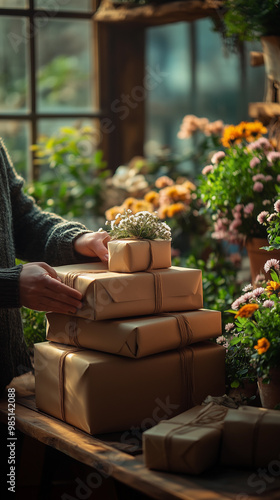 Obraz na płótnie woman preparing and wrapping sustainable gifts with eco friendly materials during the christmas season, surrounded by green plants and a warm atmosphere w salonie