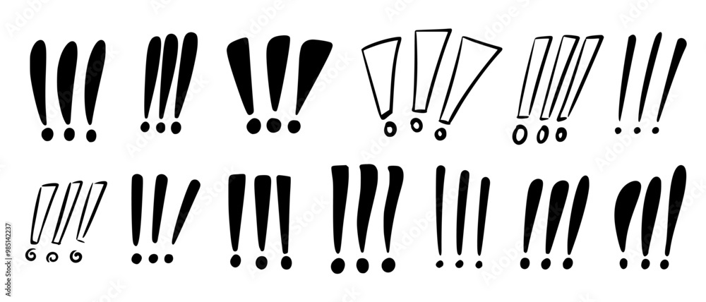 Set of exclamation marks of different shapes, sizes, designs, thicknesses. Vector illustration in flat style in black on white isolated background. Symbols for web design, graphics, presentation. Set of exclamation marks of different shapes, sizes, designs, thicknesses. Vector illustration in flat style in black on white isolated background. Symbols for web design, graphics, presentation.