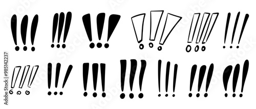 Set of exclamation marks of different shapes, sizes, designs, thicknesses. Vector illustration in flat style in black on white isolated background. Symbols for web design, graphics, presentation.