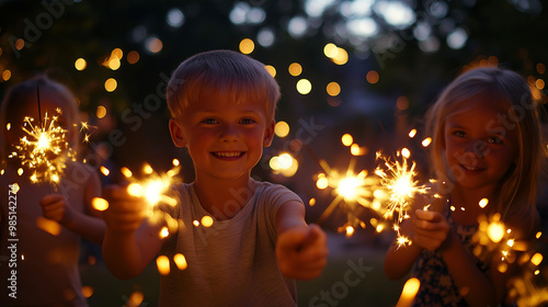 Happy children playing with sparklers at a festive outdoor celebration, their faces lit up with excitement and joy, creating a magical holiday moment.