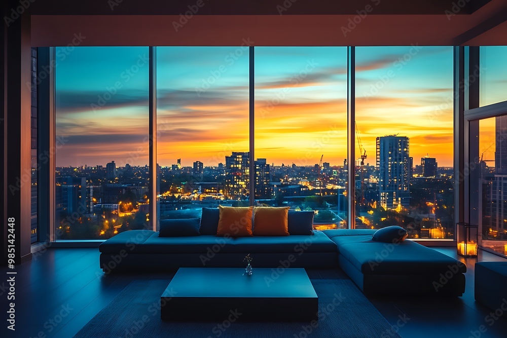 Fototapeta premium Modern living room with panoramic city view and sunset through large windows.