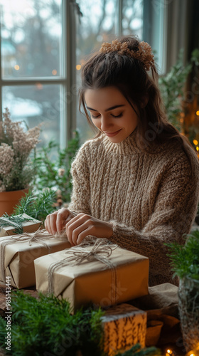 woman preparing and wrapping sustainable gifts with eco friendly materials during the christmas season, surrounded by green plants and a warm atmosphere