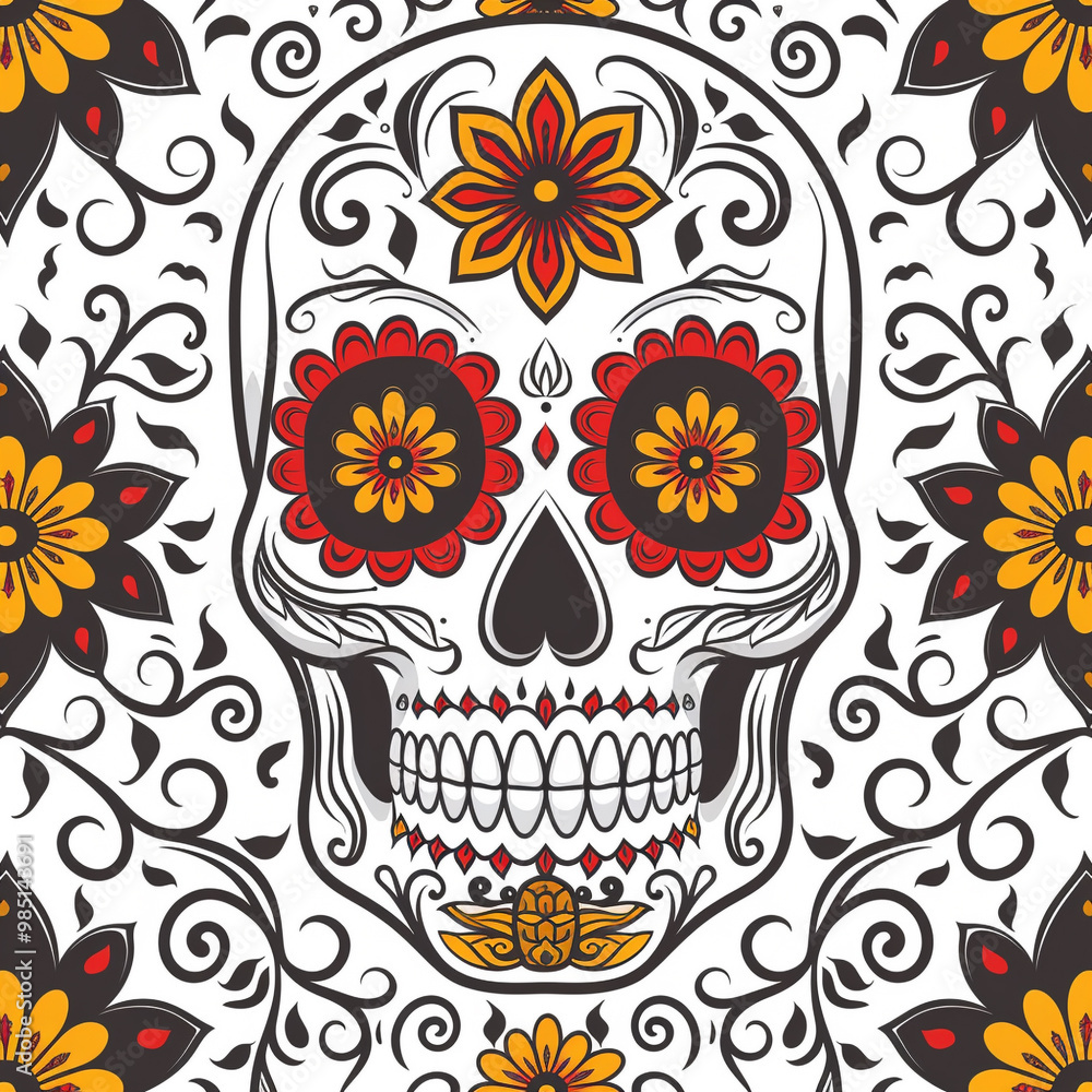 Festive Dia De Muertos pattern background with flowers Festive Dia De Muertos pattern background with flowers