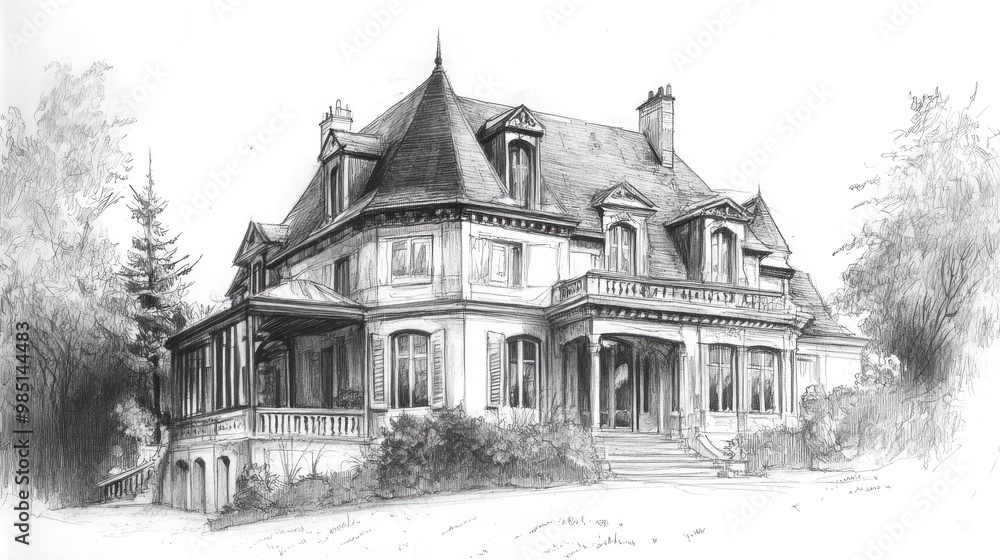 A detailed pencil drawing of a large, elegant Victorian house with a wraparound porch, surrounded by trees. A detailed pencil drawing of a large, elegant Victorian house with a wraparound porch, surrounded by trees.