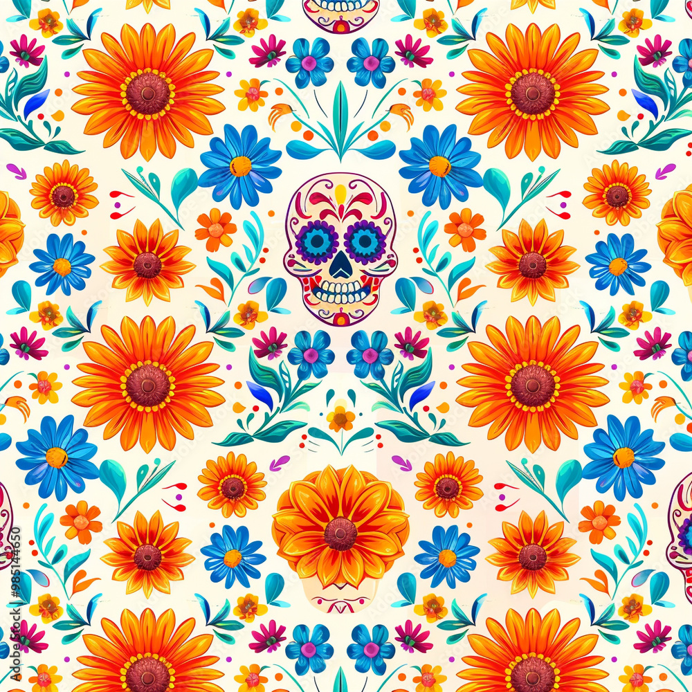 Festive Dia De Muertos pattern background with flowers Festive Dia De Muertos pattern background with flowers