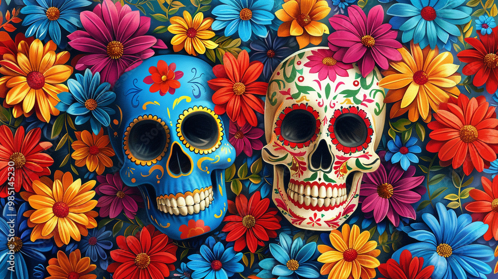 Festive Dia De Muertos pattern background with flowers Festive Dia De Muertos pattern background with flowers