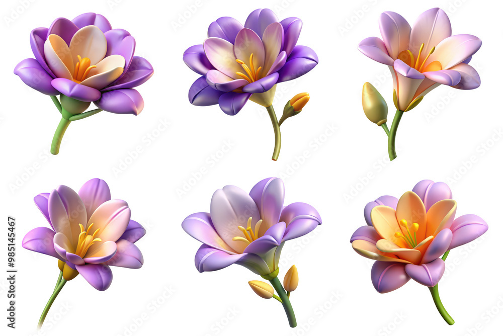 PNG freesia flower 3d collection, in cartoon style minimal on transparent, white background, isolate PNG freesia flower 3d collection, in cartoon style minimal on transparent, white background, isolate
