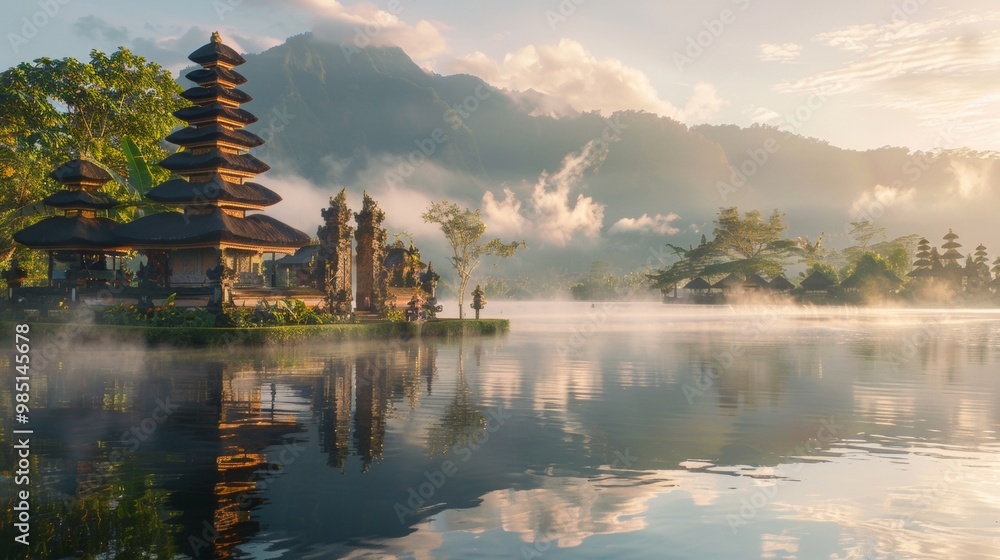 Fototapeta premium Japanese temple in the middle of a lake at sunset