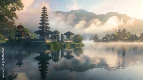 Japanese temple in the middle of a lake at sunset