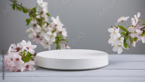 Leeres weißes Podest für Ihr Produkt als hintergrund mit Kirschblüten - Produktfotografie	