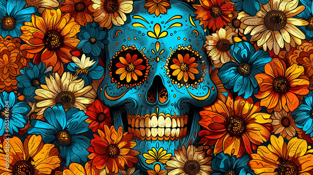 Festive Dia De Muertos pattern background with flowers Festive Dia De Muertos pattern background with flowers