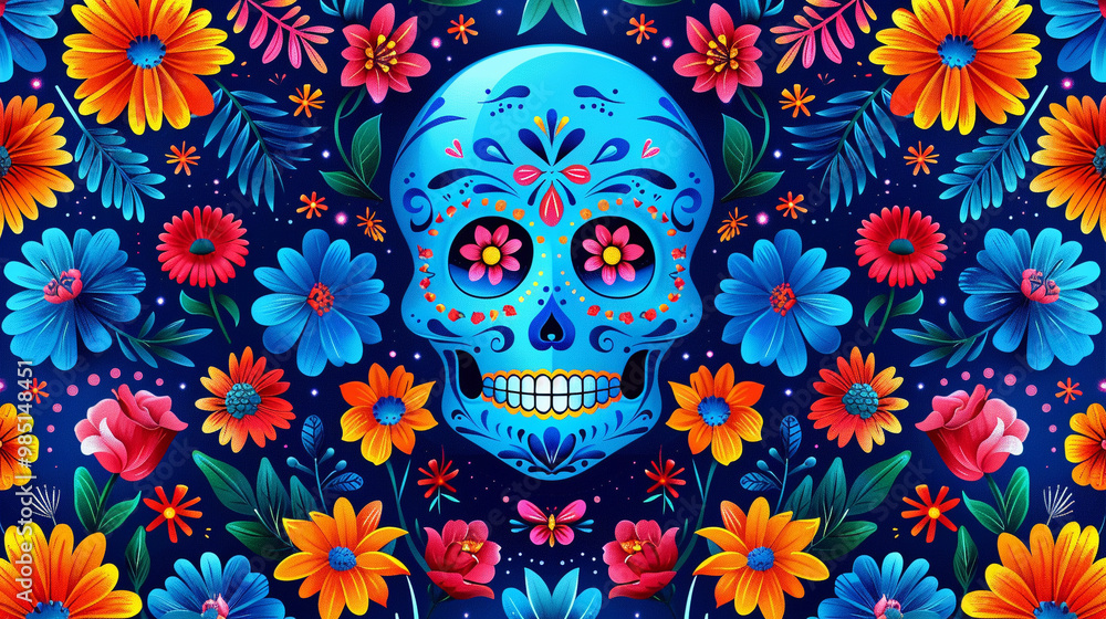 Festive Dia De Muertos pattern background with flowers Festive Dia De Muertos pattern background with flowers