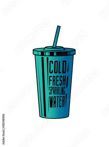 Fast food plastic cup with straw. Hot or cold drink. Original vector illustration in vintage style.