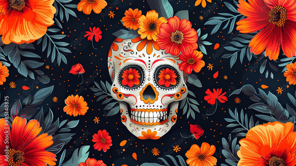 Festive Dia De Muertos pattern background with flowers Festive Dia De Muertos pattern background with flowers