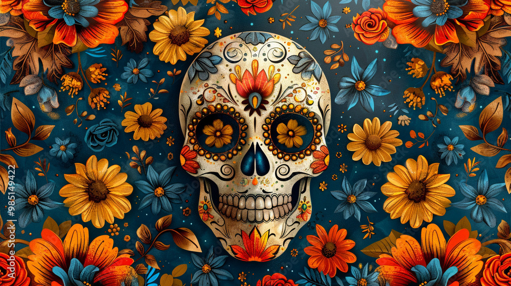 Festive Dia De Muertos pattern background with flowers Festive Dia De Muertos pattern background with flowers