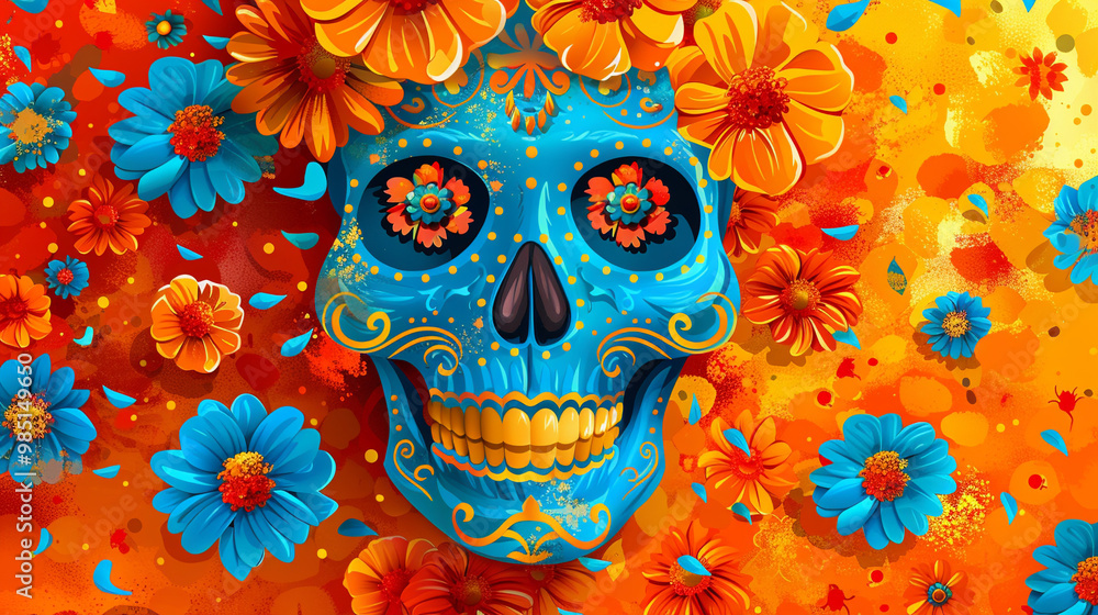 Festive Dia De Muertos pattern background with flowers Festive Dia De Muertos pattern background with flowers